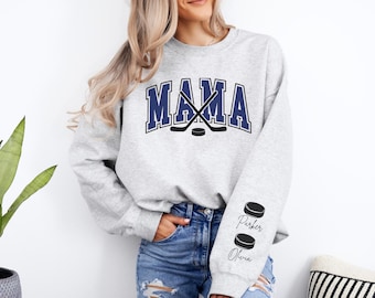 Mom Hockey Sweatshirt Personalized Hockey Sweater Name on Sleeve Hockey Mama Sweatshirt Custom Hockey Gift Mom Game Day Hockey Sweatshirt