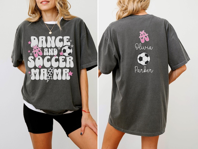 Dance and Soccer Mama Shirt Personalized Comfort Colors Tee Custom Mom Game Day Shirt with Kids Names Dance Mom Soccer Mom Gift for Her Pepper