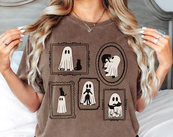 Halloween Katze Geist Shirt Komfort Farben süßes Geist Shirt Katzen Mama Halloween Shirt schwarze Katze T-Shirt Halloween Geist gruseliges Shirt Halloween Geschenk