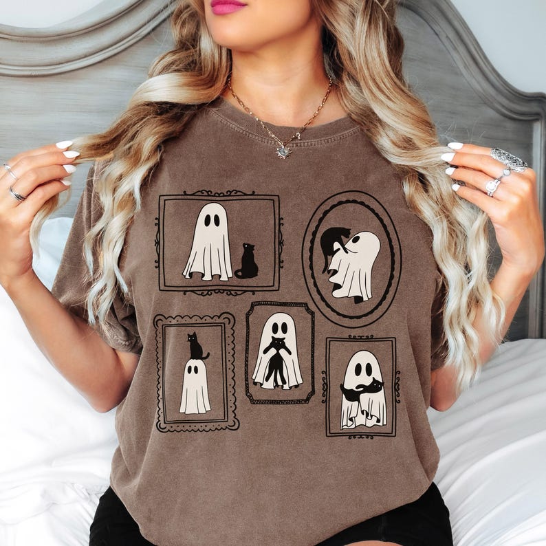 Halloween katt spöke skjorta komfortfärger söt spöke skjorta kattmamma Halloween skjorta svart katt t-shirt Halloween spöke läskig skjorta Halloween gåva Espresso