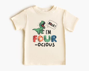 Camiseta de cumpleaños de dinosaurio, camiseta de dinosaurio para 4.º cumpleaños, camiseta de cumpleaños de T Rex, camiseta de dinosaurio para cumpleaños de niño, camiseta Fourocious, camiseta de cumpleaños para niño