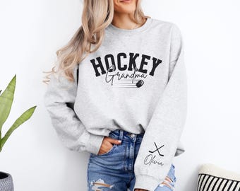 Hockey Grandma Sweatshirt Personalized Hockey Sweater Name on Sleeve Hockey Grandma Sweater Custom Hockey Gift for Grandma Game Day Hockey