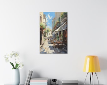 May include: A painting of a narrow, cobblestone street in a European city. The street is lined with buildings, some of which have balconies with flowers. There are people sitting at tables outside a cafe, enjoying the sunny day.