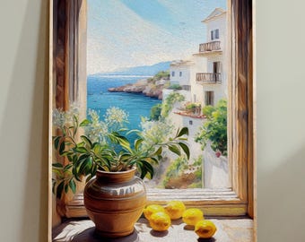 May include: A framed painting of a coastal scene viewed through a window. A brown vase with green foliage and white flowers sits on the windowsill, alongside several yellow lemons. The view outside shows white buildings, blue water, and a bright sky.