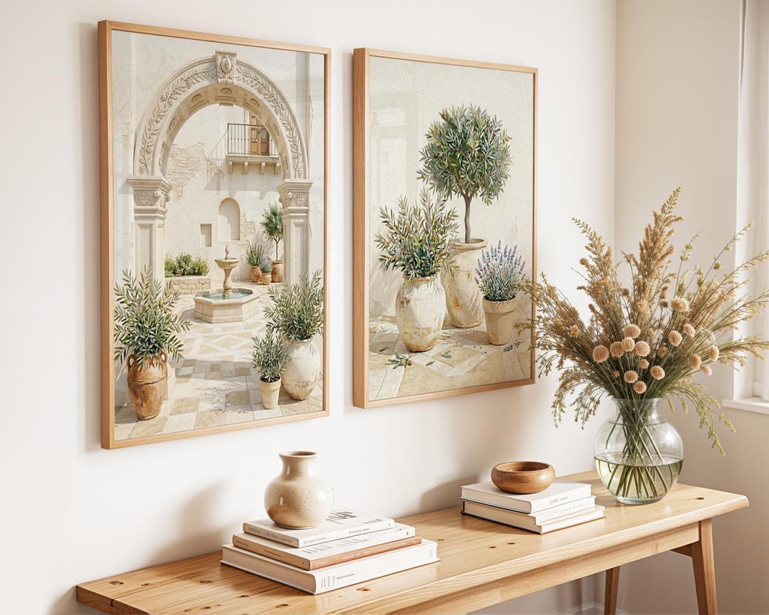 Mediterranean Wall Art Set of 2, Italian Courtyard Prints, Olive Tree ...