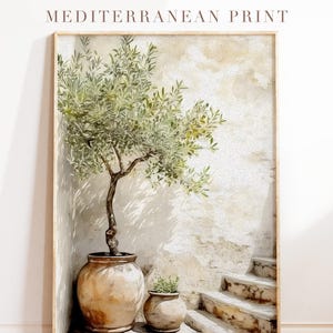 Impression d'olivier méditerranéen, art mural rustique de pot en terre cuite, décoration minimale côtière