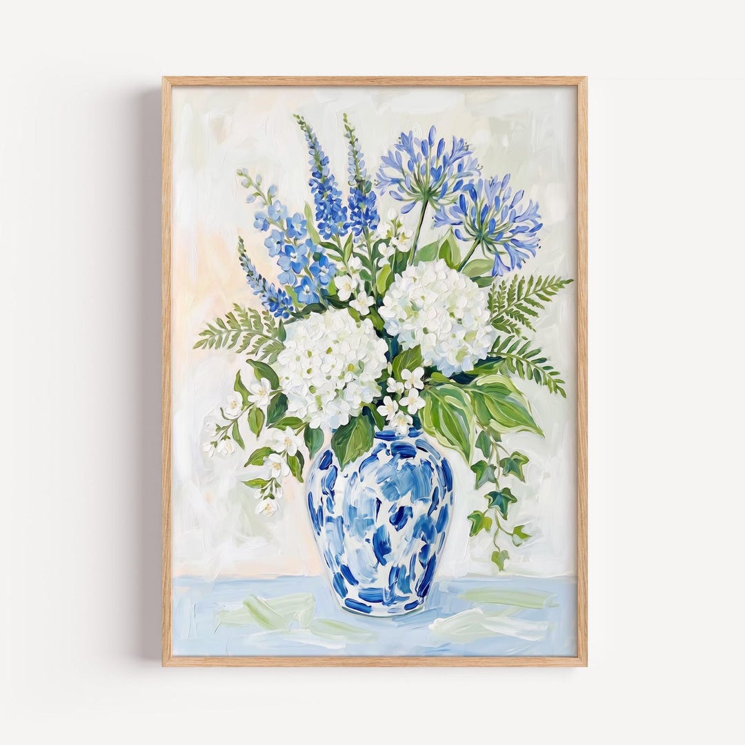 White Hydrangea Wall Art Print, Coastal Floral Vase Painting ...