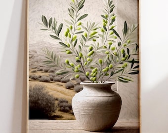 May include: A framed art print featuring a still life of olive branches in a white vase. The olive branches have green olives and leaves. The background shows a landscape with a muted color palette of beige, brown, and green.
