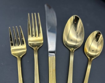 Service for 12 Gold Flatware Royal Galaxy  Limited Korea Fancy Flatware Gold Knife Spoon Fork Salad Fork Teaspoon Hostess Set