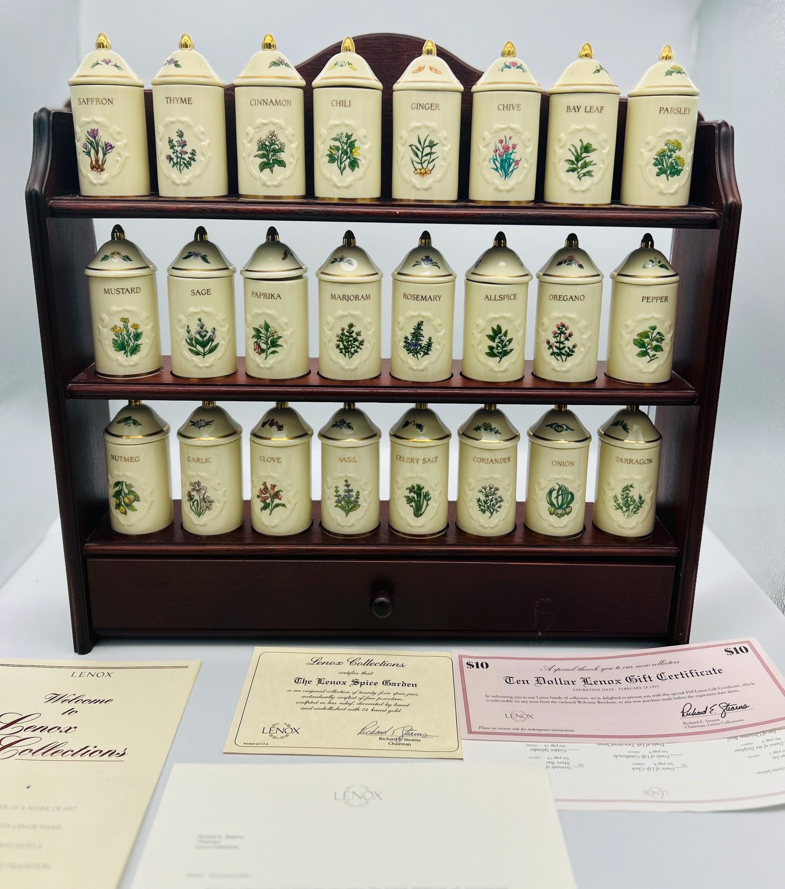 LENOX レノックス 4点セット Made in USA Vintage Lenox Spice Garden: Complete Porcelain Jar Set & Wooden