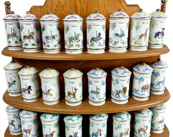 Lenox Carousel & Hummel Porcelain Spice Jars with Wooden Racks Two Complete Sets