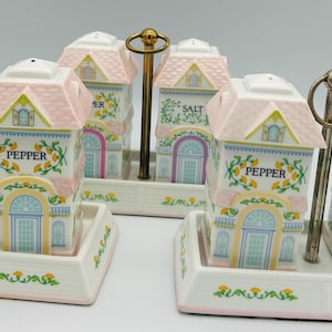 Vintage Lenox Spice Village Salt & Pepper Shakers with Caddy: Pastel Victorian Kitchen Decor