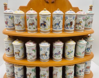 Lenox Carousel & Hummel Porcelain Spice Jars with Wooden Racks Two Complete Sets