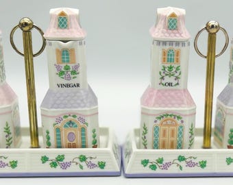 Vintage Lenox Spice Village Oil & Vinegar Set with Caddy: 1993 Porcelain Kitchen Decor