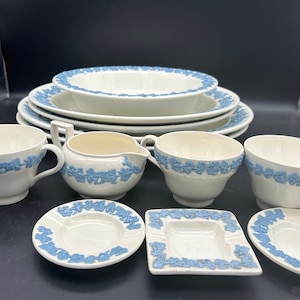 Wedgwood Blue Embossed Queens Ware Tea Cup and Saucer Set