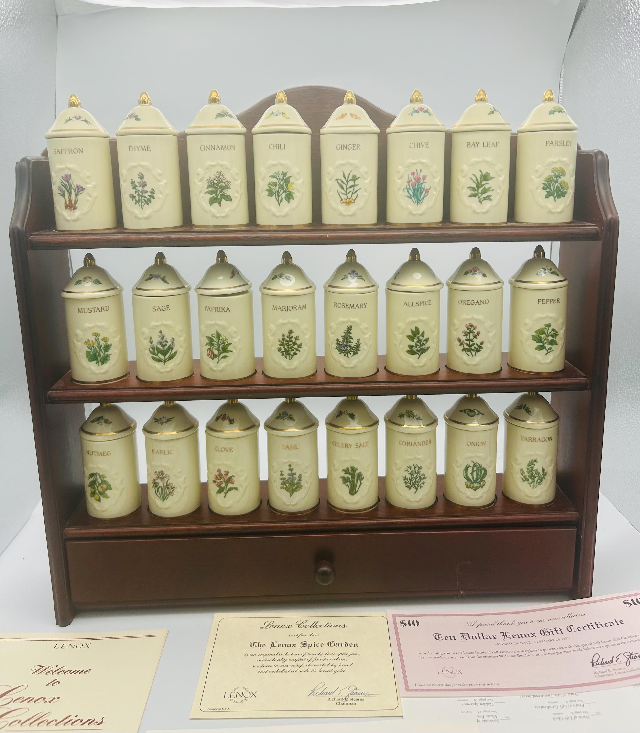 Vintage Lenox Spice Garden: Complete Porcelain Jar Set & Wooden