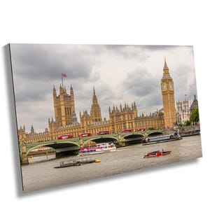 London, Big Ben and Houses of Parliament; wall décor, metallic, acrylic, or canvas print; River Thames View, Westminster Bridge and Buses