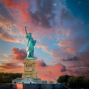 Statue of Liberty Glory: Sunset, Wall Art,Liberty Island,Photograph,Gustave Eiffel,Paper,Canvas,Acrylic,Metal