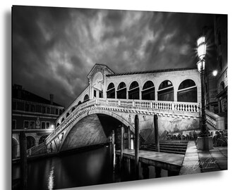Rialto Bridge Venice Night Photography Black and White Cityscape Wall Art Print
