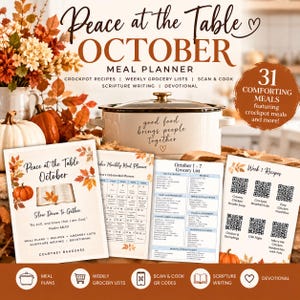 May include: A digital October meal planner featuring a white crockpot with the text good food brings people together, a monthly calendar, a weekly grocery list, and recipe pages with QR codes, all decorated with autumn leaves and pumpkins.