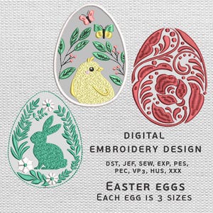 Peut inclure: Motifs de broderie numérique d'œufs de Pâques. Trois motifs d'œufs sont présentés : un poussin avec des papillons, un motif floral rouge et un lapin vert avec des fleurs. Chaque œuf est disponible en 3 tailles.