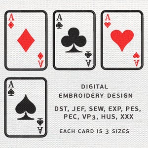 Playing Cards Embroidery Design Set, Ace Spades Hearts Diamonds Clubs, Poker Casino Machine Embroidery Bundle, Card Suit File Instant Download