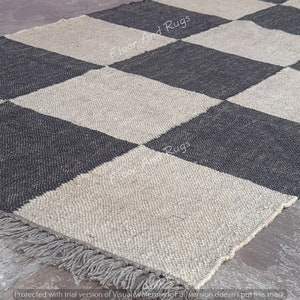 Handmade Wool Jute Kilim Checkerboard Rug, Wool Rug, Home Decor Checkered Dhurrie Rug, Custom Rug, Black Check Runner Rug