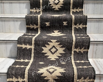 Wool Jute Kilim Runner Rugs, Black Color Runner, Handwoven Floor Area Navajo Carpet, Outdoor, Living Room Earthy Persian Stairs Runner