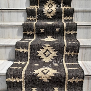 Wool Jute Kilim Runner Rugs, Black Color Runner, Handwoven Floor Area Navajo Carpet, Outdoor, Living Room Earthy Persian Stairs Runner
