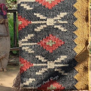 8 X 10 Ft Jute Kilim Rug, Handmade Dhurrie, Bohemian Rug, Wool Area Rug, Home Decor Rug, Kitchen And Dining Table Rug