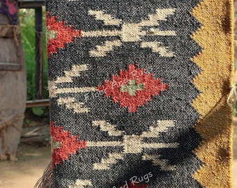 8 X 10 Ft Jute Kilim Rug, Handmade Dhurrie, Bohemian Rug, Wool Area Rug, Home Decor Rug, Kitchen And Dining Table Rug
