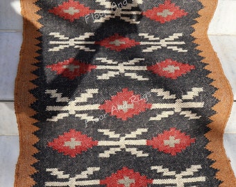 Wool Jute Kilim Runner Rugs, Black Color Runner, Handwoven Floor Area Navajo Carpet, Outdoor, Living Room Earthy Persian Stairs Runner