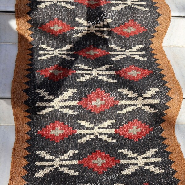 Wool Jute Kilim Runner Rugs, Black Color Runner, Handwoven Floor Area Navajo Carpet, Outdoor, Living Room Earthy Persian Stairs Runner