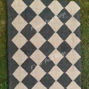 Checkered Jute Kilim Runner Rug, Wool Jute Rug, Boho Decor, Handmade Black & White Color Rug, Custom Size Rug, Checker Runner Rug,