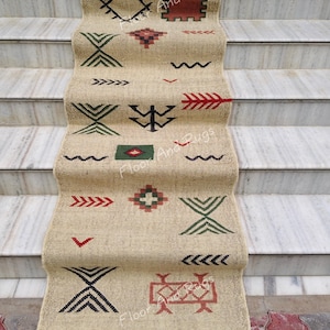 Stairs Kilim Runner Rug | Handwoven Wool Jute Runner | Sustainable Decor for Entryway, Hallway, Kitchen Bedside | Indian Motif | Custom Size