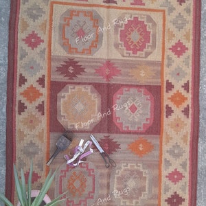 Handmade Navajo Kilim Rug, Aztec Rug, Accent Rug, Outdoor Rug/Indoor Rug, Living/Dinning Room 4X6 Ft. Wool Jute Kilim Rug,Indian Dhurrie Rug