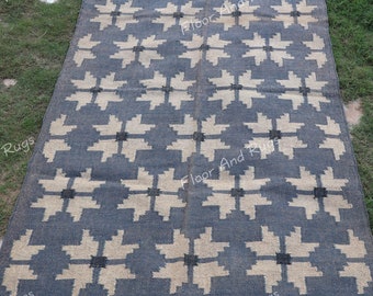 5x8 Kilim Rug, Handwoven, Wool and Jute Rug Handmade, Kilim Dhurrie Rug, Traditional Indian Jute Area Rug Custom Size Rugs, Home Decor Rug