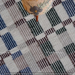Colorful Woolen Plaid Flatweave Rug | Handwoven Cotton Dhurrie Carpet | Modern Multicolor Checkered Area Rug | Boho Living Room Decor Rug