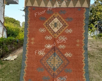 Handwoven Wool Jute Kilim Rug, Wool Jute Rug, Kilim Jute Rug, Flatweave Rug, Bohemian Rug, Indian Dhurrie Rug, Navajo Kilim Rug, Custom Rug