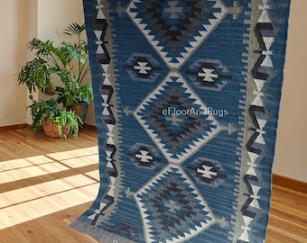 Mörk ocean peruansk matta handgjord vintage kelimmotiv löpare indisk marockansk fusion dhurrie mörk ocean infödd navajo jaipur löpare matta.
