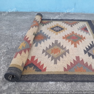Handwoven Wool Jute Kilim Rug, Rugs for Living Room, Geometric Pattern, Large Area Rug, Bedroom, Hallway, Kitchen, Dining Table Rug, Custom