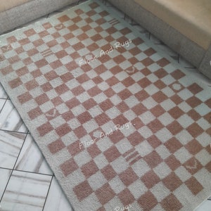 Handgjord schackrutig matta Neutral beige salviagrön rutig matta Skandinavisk boho vardagsrumsmatta Handtuftad mjuk ullmatta Anpassad storlek bild 6