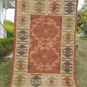 Vintage Wool Jute Kilim Rug, Handwoven, Wool and Jute Rug Handmade, Kilim Dhurrie Rug, Traditional Indian jute Area rug