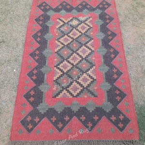 Handmade Navajo Kilim Rug, Aztec Rug, Accent Rug, Outdoor Rug/Indoor Rug, Living/Dinning Room 4X6 Ft. Wool Jute Kilim Rug, Indian DhurrieRug