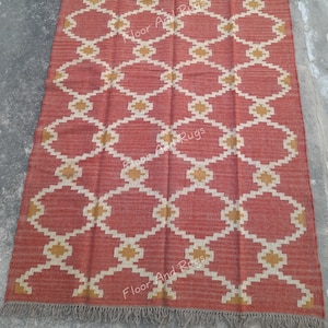 5x8 Feet Wool Jute Kilim Rug,Vintage Area Rug Boho Decor Rug,Handmade Wool Jute Rug,Home Decor Rugs,Custom Size,Area Rug,Red Color Rug