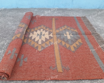 Wool Jute Kilim Rug, Handmade Geometric Jute Kilim Home Decor Area Rug, Flatweave Rug, Bohemian Rug, Customize Rug, Navajo Kilim Rug.