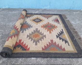 Wool Jute Kilim Rug, Navajo Kilim Runner Rug, Aztec Rug, Handmade Rug, Outdoor/Indoor Rug, Bedroom Rug, Home Decor Rug, Multi Color Rug.