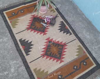 Wool Jute Kilim Rug, Handwoven Wool Jute Rug, Kilim Jute Rug, Flatweave Rug,Bohemian Rug, Indian Dhurrie Rug,Navajo Kilim Rug, Customize Rug