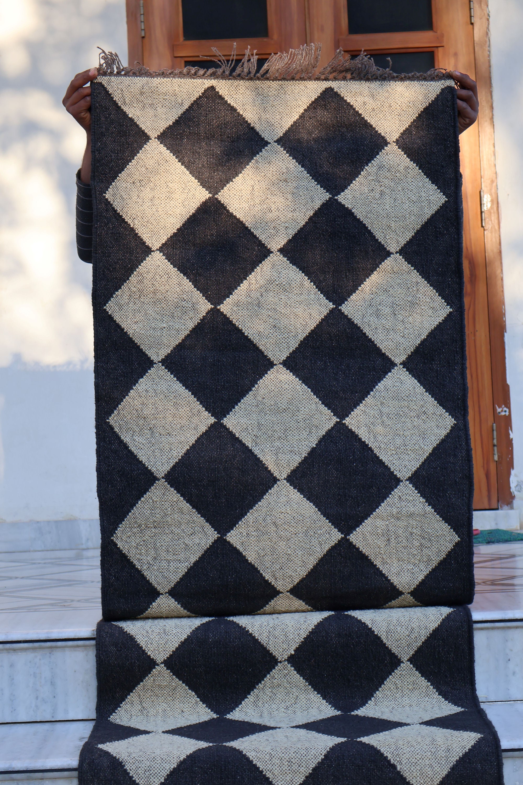 Handwoven Handmade Black Dimond Checkered Jute Kilim Rug, Wool ...