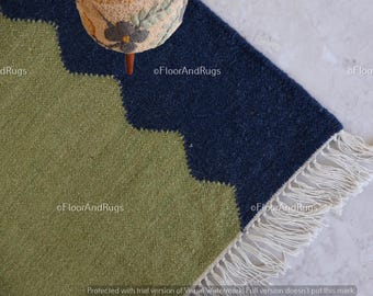 Alfombra de lana azul y verde oliva: Alfombra Kilim escandinava tejida a mano, alfombra moderna de lujo de lana, alfombra Kilim de tejido plano, alfombra de 8x10 y 9x12 pies.
